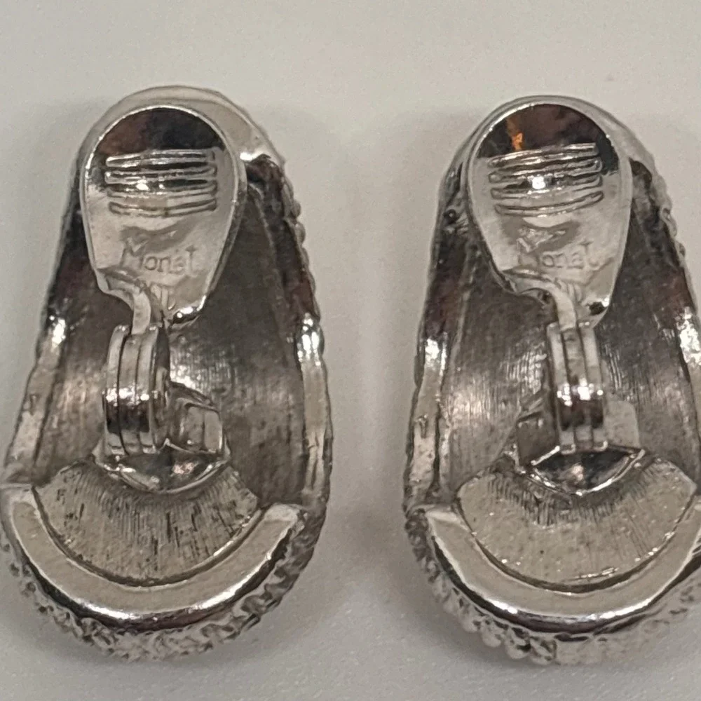 Monet Clip‎ On Earrings Silver Tone Textured Dome Vintage Designer Costume
